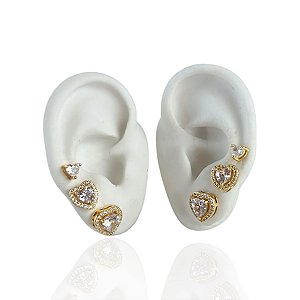 Trio Brincos Folheado Ouro 18k e Prata 925 Coração Cravejado