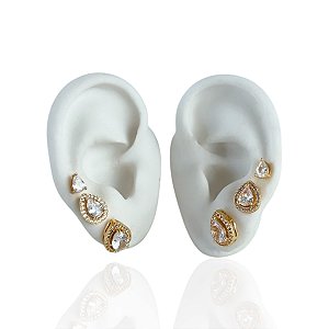 Trio Brincos Folheado Ouro 18k e Prata 925 Gota Cravejada