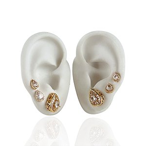 Trio Brincos Folheado Ouro 18k e Prata 925 Gota Cravejada