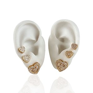 Trio Brincos Folheado Ouro 18k e Prata 925 Coração Cravejado