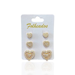 Trio Brincos Folheado Ouro 18k e Prata 925 Coração Cravejado