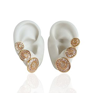 Trio Brincos Folheado Ouro 18k e Prata 925 Redondo Cravejado