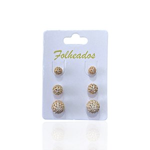 Trio Brincos Folheado Ouro 18k e Prata 925 Redondo Cravejado