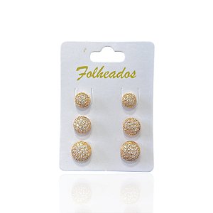 Trio Brincos Folheado Ouro 18k e Prata 925 Redondo Cravejado