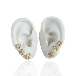 Trio Brincos Folheado Ouro 18k e Prata 925 Coração Cravejado