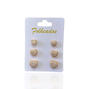 Trio Brincos Folheado Ouro 18k e Prata 925 Coração Cravejado