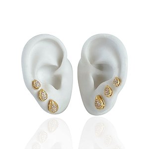 Trio Brincos Folheado Ouro 18k e Prata 925 Gota Cravejada