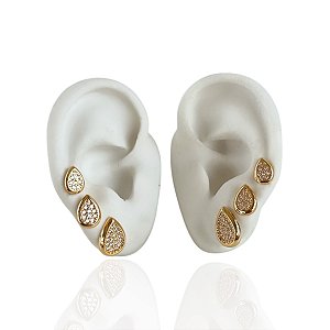 Trio Brincos Folheado Ouro 18k e Prata 925 Gota Cravejada