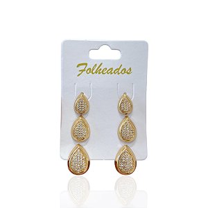 Trio Brincos Folheado Ouro 18k e Prata 925 Gota Cravejada