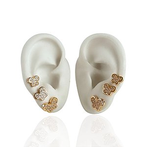 Trio Brincos Folheado Ouro 18k e Prata 925 Borboleta Cravejada