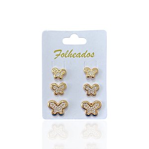 Trio Brincos Folheado Ouro 18k e Prata 925 Borboleta Cravejada