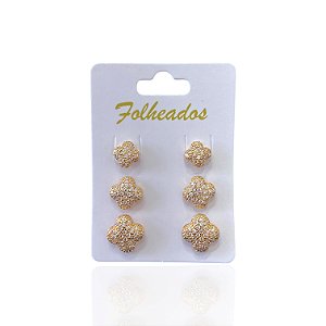 Trio Brincos Folheado Ouro 18k e Prata 925 Trevo Cravejado