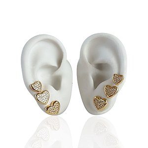 Trio Brincos Folheado Ouro 18k e Prata 925 Coração Cravejado