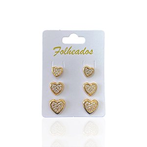 Trio Brincos Folheado Ouro 18k e Prata 925 Coração Cravejado