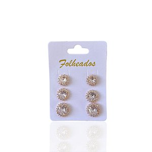 Trio Brincos Folheado Ouro 18k e Prata 925 Redondo Cravejado