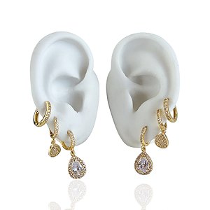 Trio Brincos Folheado Ouro 18k e Prata 925 Argola Gota Cravejada
