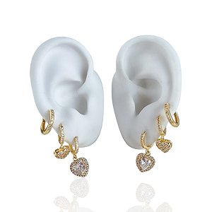 Trio Brincos Folheado Ouro 18k e Prata 925 Argola Coração Cravejada