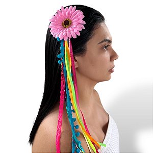 Presilha Flor Fitas Lantejoulas Pompom