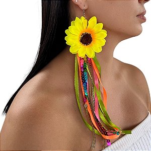 Brinco Carnaval Franja Girassol Fitas Lantejoulas