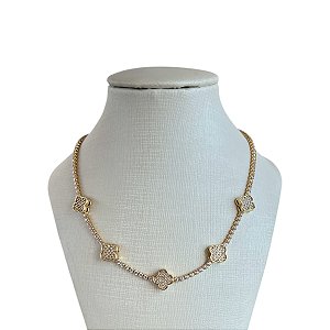 Choker Folheado Ouro 18k e Prata 925 Riviera Trevos Cravejados