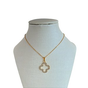 Colar Folheado Ouro 18k Trevo Strass