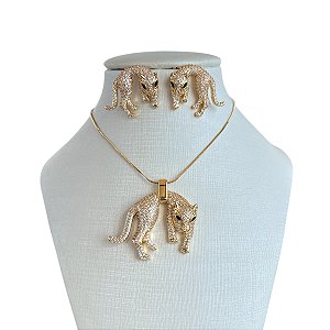 Conjunto Folheado Ouro 18k e Prata 925 Pantera Cravejada