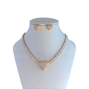 Conjunto Folheado Ouro 18k e Prata 925 Riviera Coração Cravejado