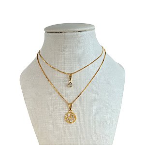 Colar Duplo Folheado Ouro 18k Borboleta Cravejada