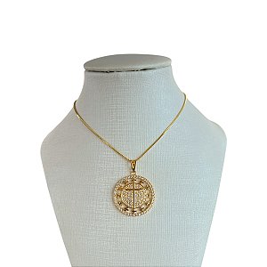 Colar Folheado Ouro 18k Mandala Cruz Cravejada