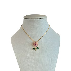 Colar Folheado Ouro 18k Flor Cravejada
