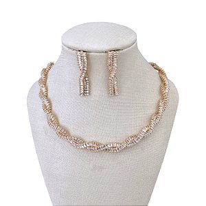 Conjunto Folheado Ouro 18k e Prata 925 Riviera Torcida Cravejada
