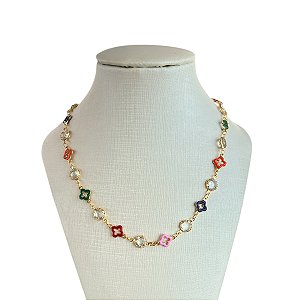 Colar Folheada Ouro 18k Trevos e Cristais
