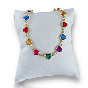 Pulseira Folheada Ouro 18k e Prata 925 Corações Cristais Colors