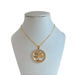 Colar Folheado Ouro 18k e Prata 925 Árvore da Vida Strass