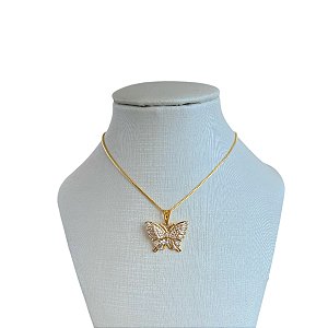 Colar Folheado Ouro 18k e Prata 925 Borboleta Cravejada