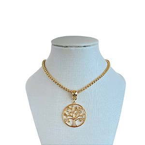 Colar Folheado Ouro 18k e Prata 925 Correntaria Árvore da Vida Cravejada