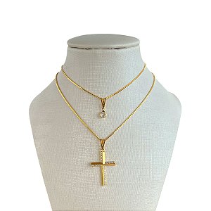 Colar Duplo Folheado Ouro 18k e Prata 925 Cruz Cravejada Ponto de Luz