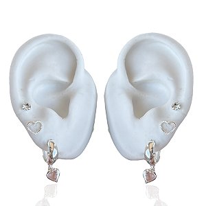 Trio Brincos Folheado Ouro 18k e Prata 925 Coração