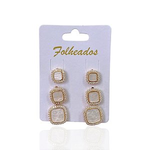 Trio Brincos Folheado Ouro 18k Quadrado Madrepérola