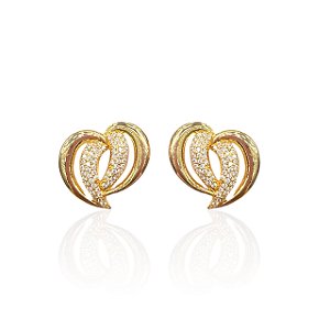 Brinco Folheado Ouro 18k e Prata 925 Coração Cravejado