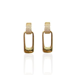 Brinco Folheado Ouro 18k e Prata 925 Quadrado Cravejado