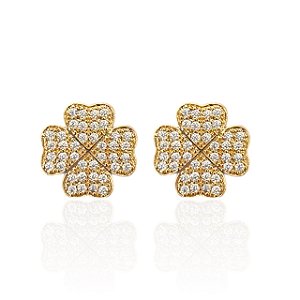 Brinco Folheado Ouro 18k e Prata 925 Trevo Cravejado