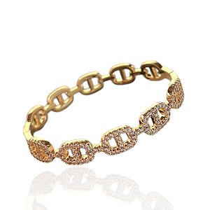 Bracelete Folheado Ouro 18k e Prata 925 Elos Lacre Cravejado