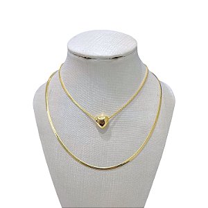 Colar Duplo Folheado Ouro 18k e Prata 925 Fita Laminada Coração