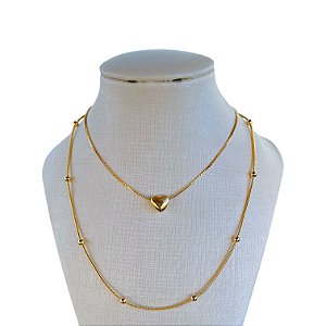 Colar Duplo Folheado Ouro 18k e Prata 925 Bolinhas Coração