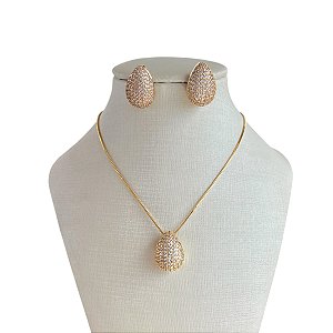 Conjunto Folheado Ouro 18k e Prata 925 Gota Cravejada