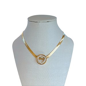 Choker Folheada Ouro 18k Fita Mandala Mãe Cravejada