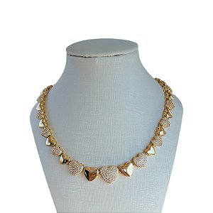 Colar Folheado Ouro 18k e Prata 925 Inspired Coração Cravejado