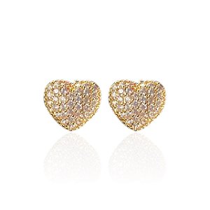Brinco Folheado Ouro 18k e Prata 925 Coração Cravejado
