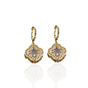 Brinco Folheado Ouro 18k e Prata 925 Argola Trevo Cravejado